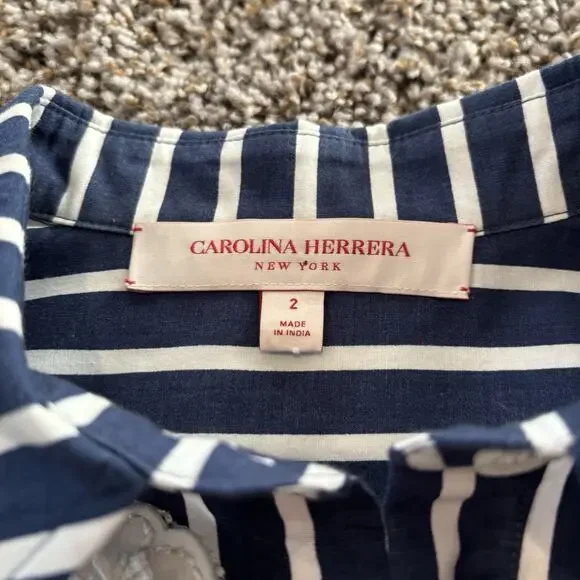 Carolina Herrera NY Shirt 2 Blue White Stripe Button Front Floral Appliqué - Picture 5 of 12